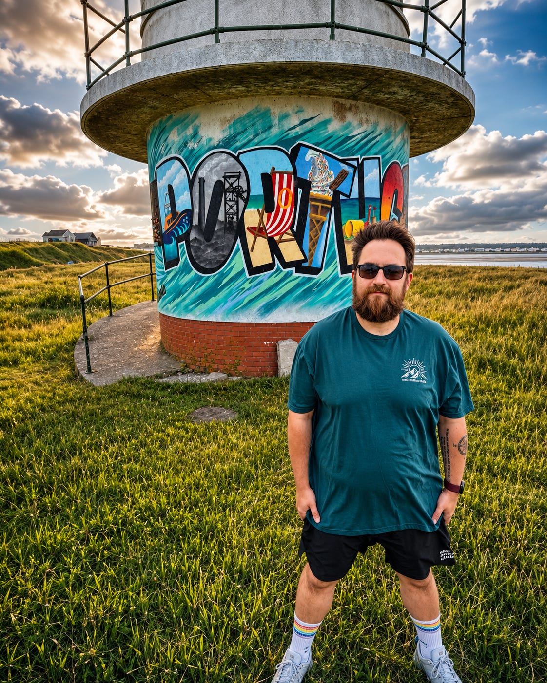A man wearing a teal t-shirt and black shorts stands in a grassy field in front of a lighthouse with colorful graffiti on its cylindrical base, under a dramatic cloudy sky.