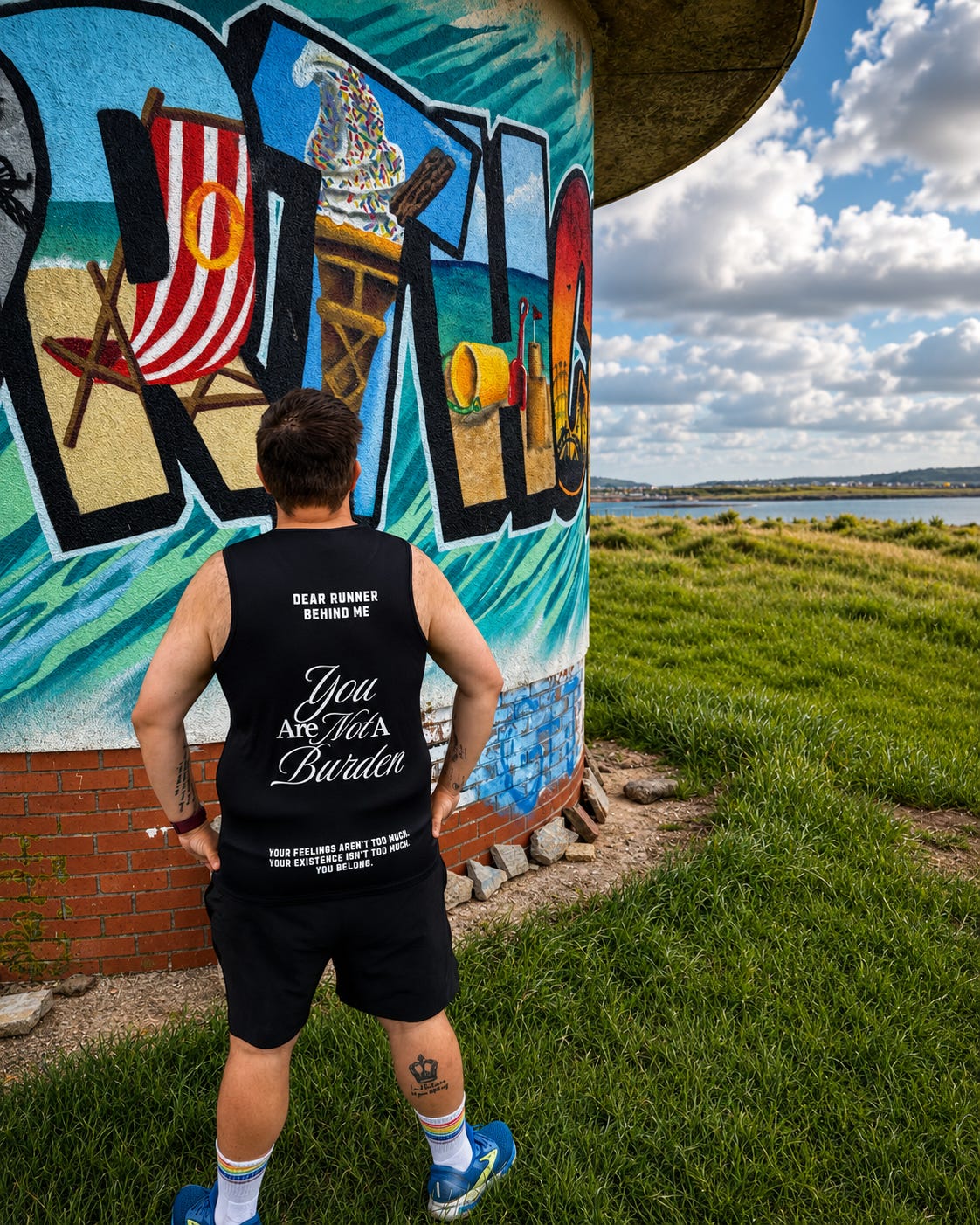 A man stands with his back to the camera wearing a black graphic tank top and black shorts, posing in front of a colorful outdoor mural on a cylindrical structure next to a grassy field and water under a cloudy sky.