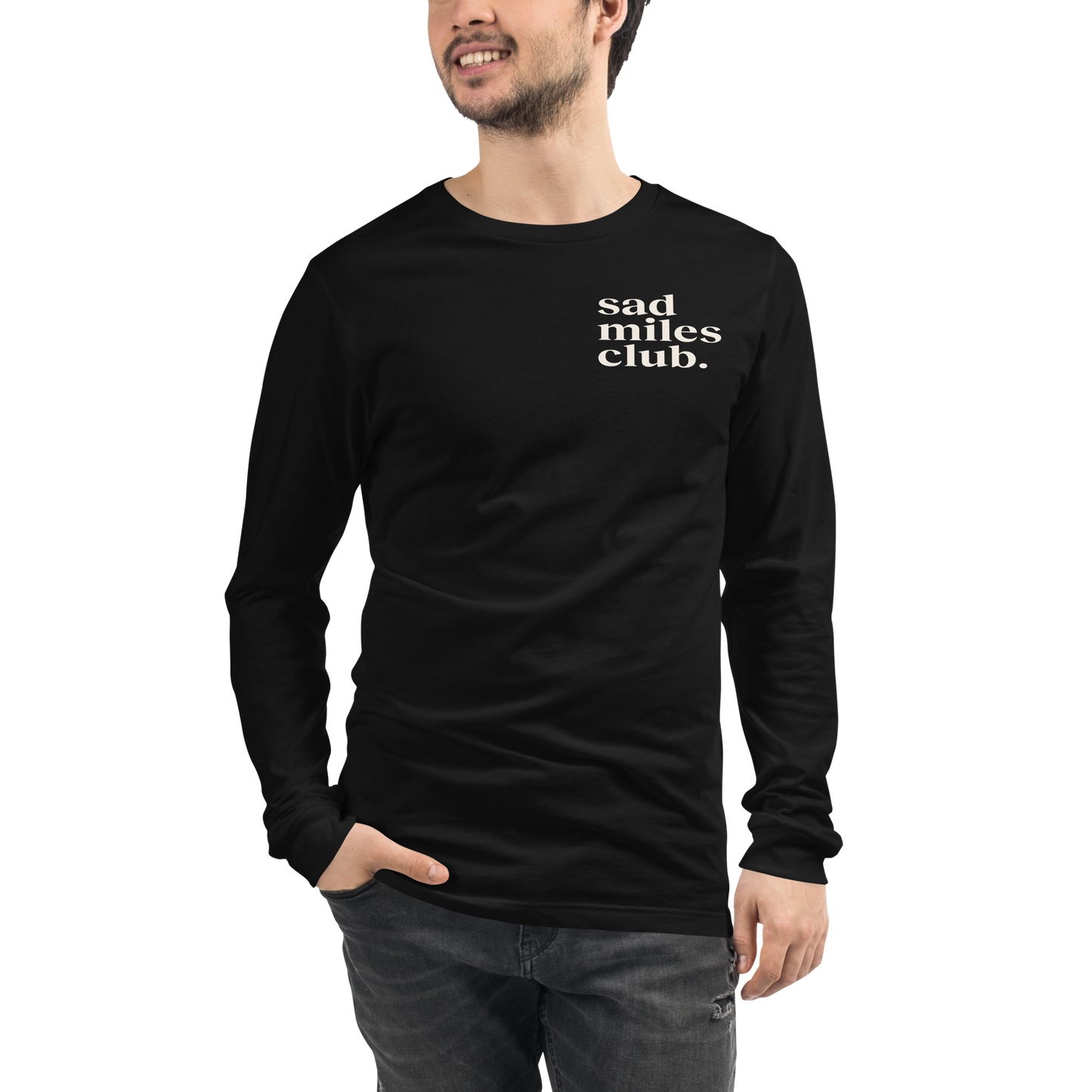 Person wearing a black long-sleeve shirt with 'sad miles club' text on a white background