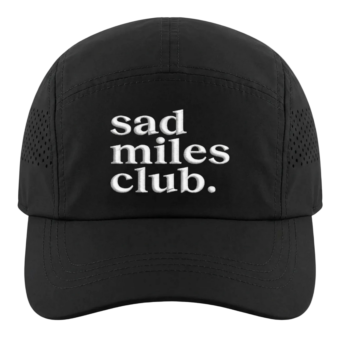 Black cap with 'sad miles club.' text on a white background
