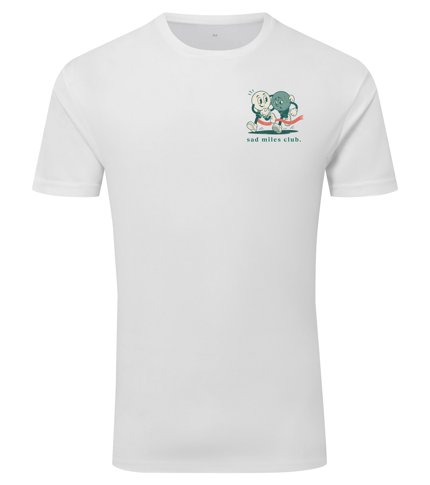 A white short-sleeve crewneck t-shirt with a small graphic on the left chest showing two cartoon characters and the text 'sad miles club.'.