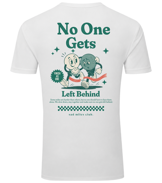 White short-sleeve t-shirt shown from the back, featuring a large green graphic print with cartoon characters and the text 'No One Gets Left Behind' and 'sad miles club.'.
