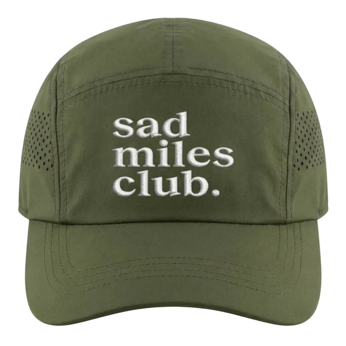 Green cap with 'sad miles club.' text on a white background