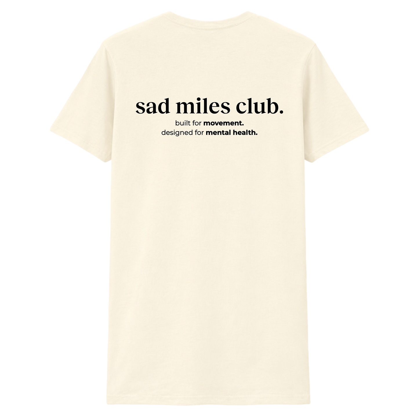 Beige t-shirt with 'sad miles club' text on a white background