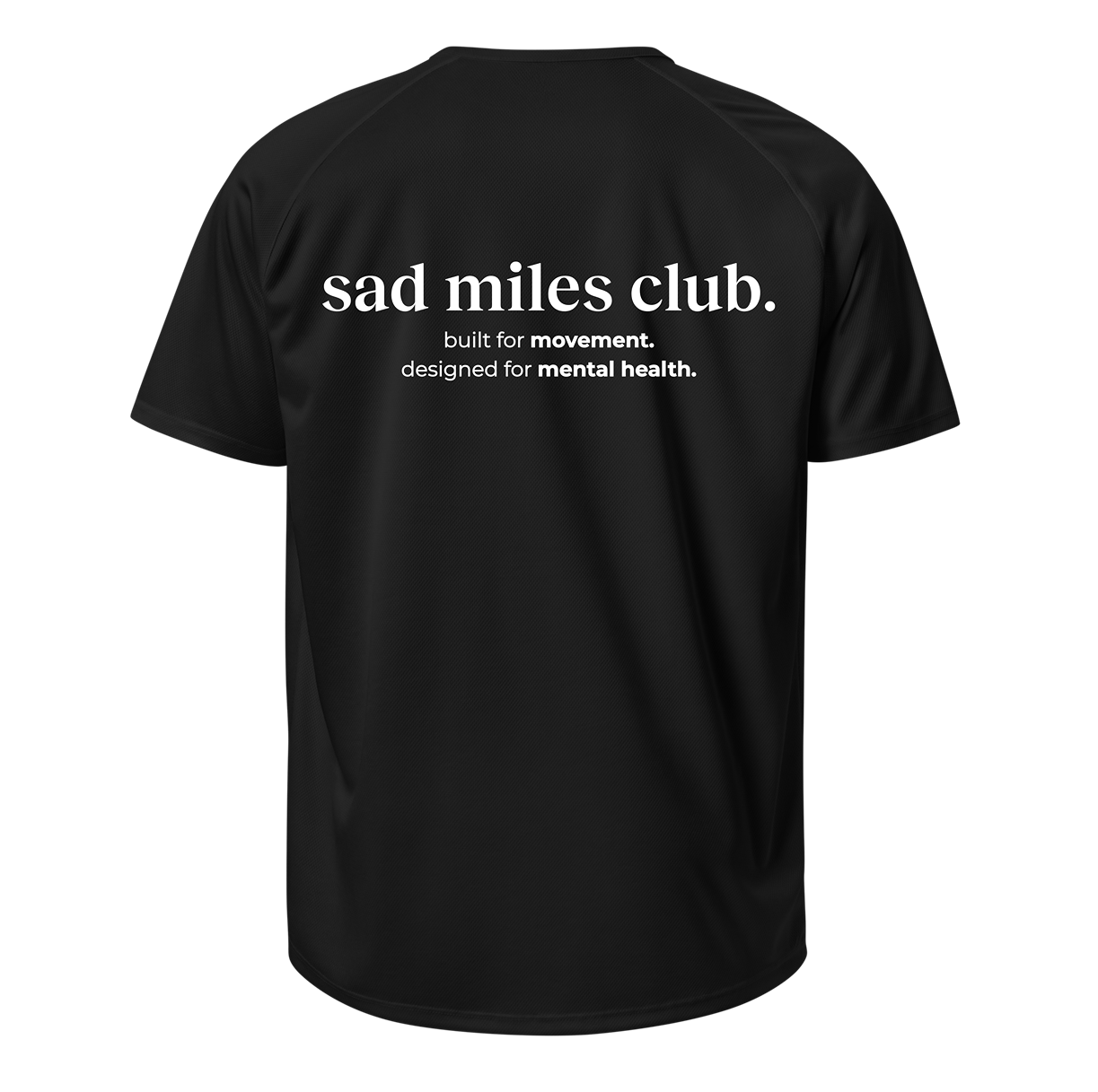 Black t-shirt with 'sad miles club' text on a white background
