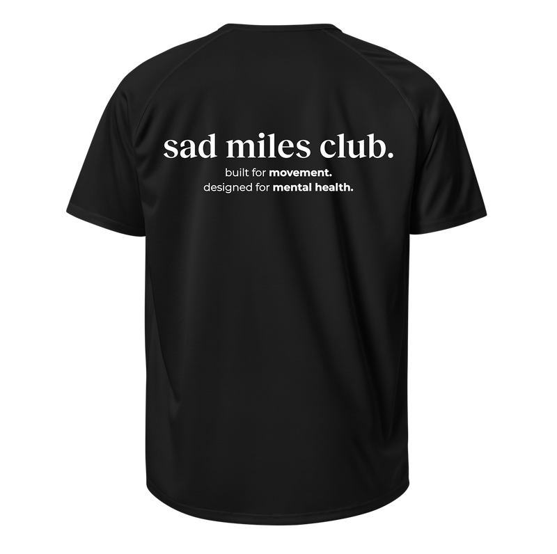 Black t-shirt with 'sad miles club' text on a white background