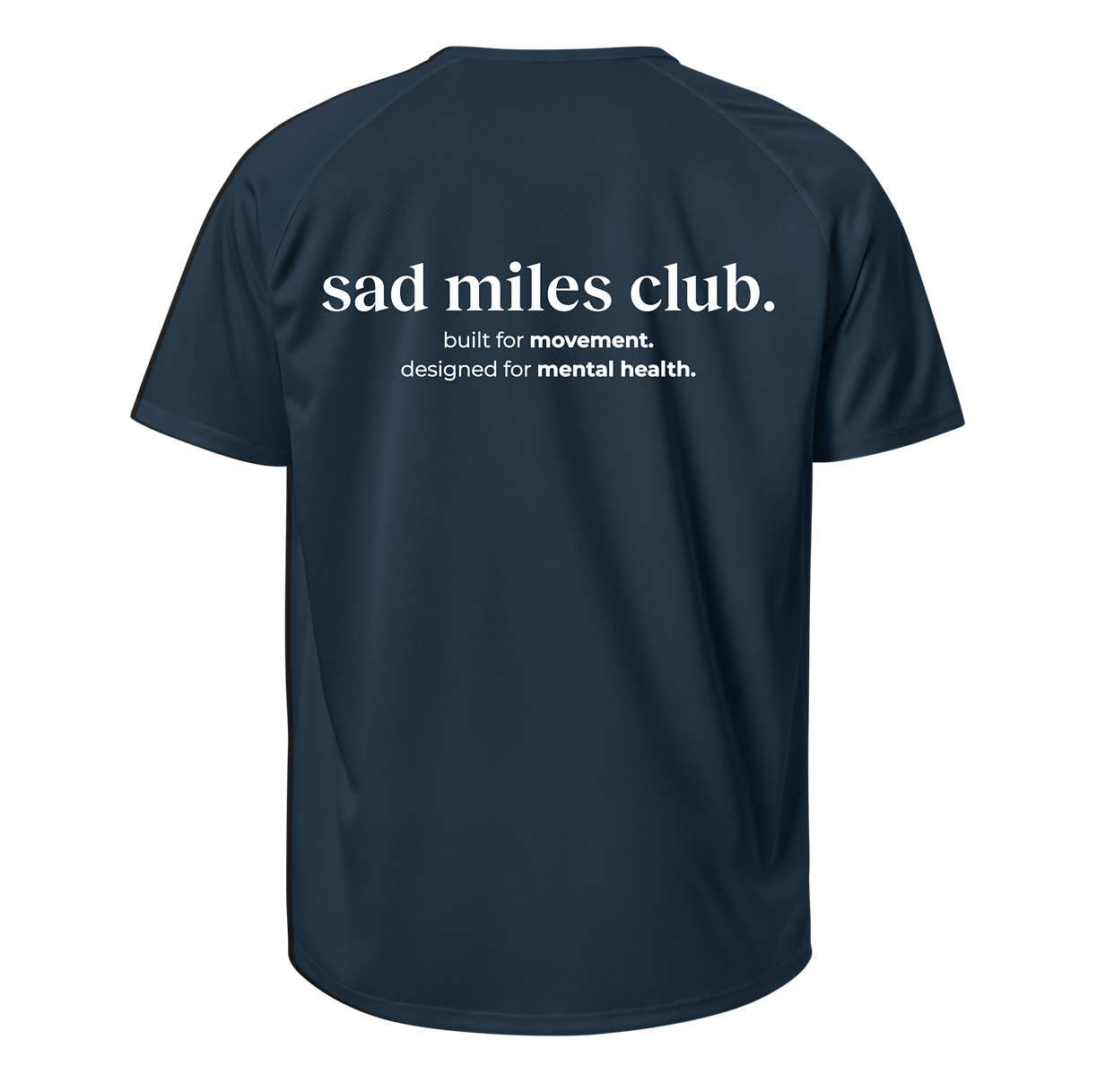 Navy blue t-shirt with 'sad miles club' text on the back against a white background