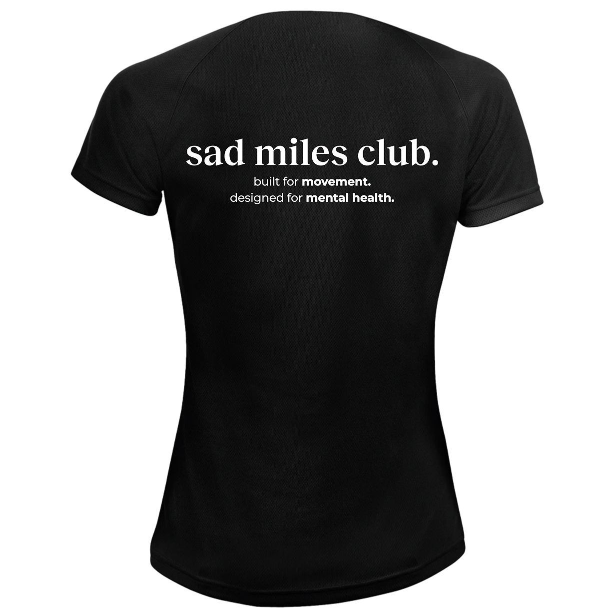 Black t-shirt with white text on a white background