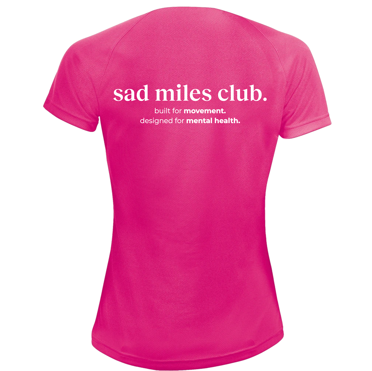 Pink t-shirt with 'sad miles club' text on a white background