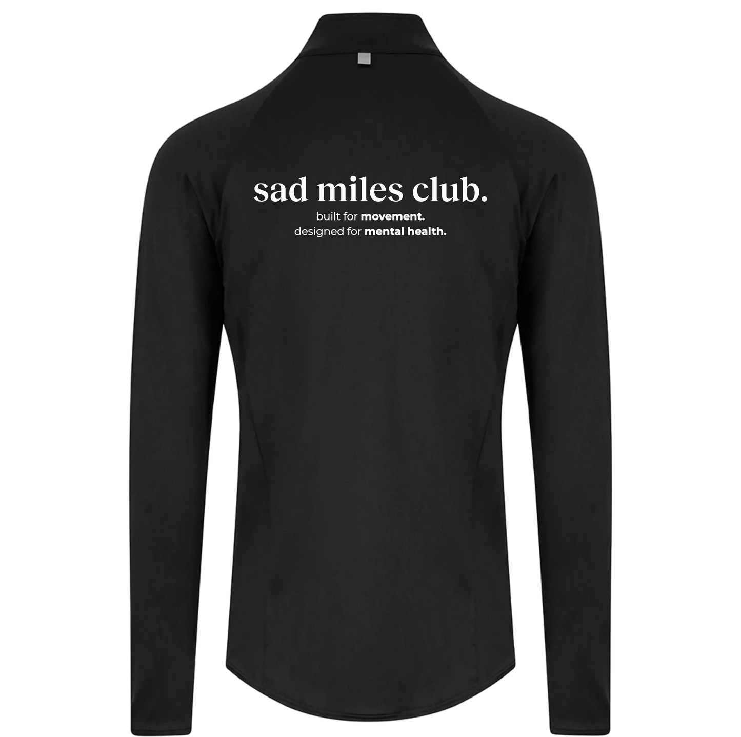 Black long-sleeve shirt with 'sad miles club' text on a white background