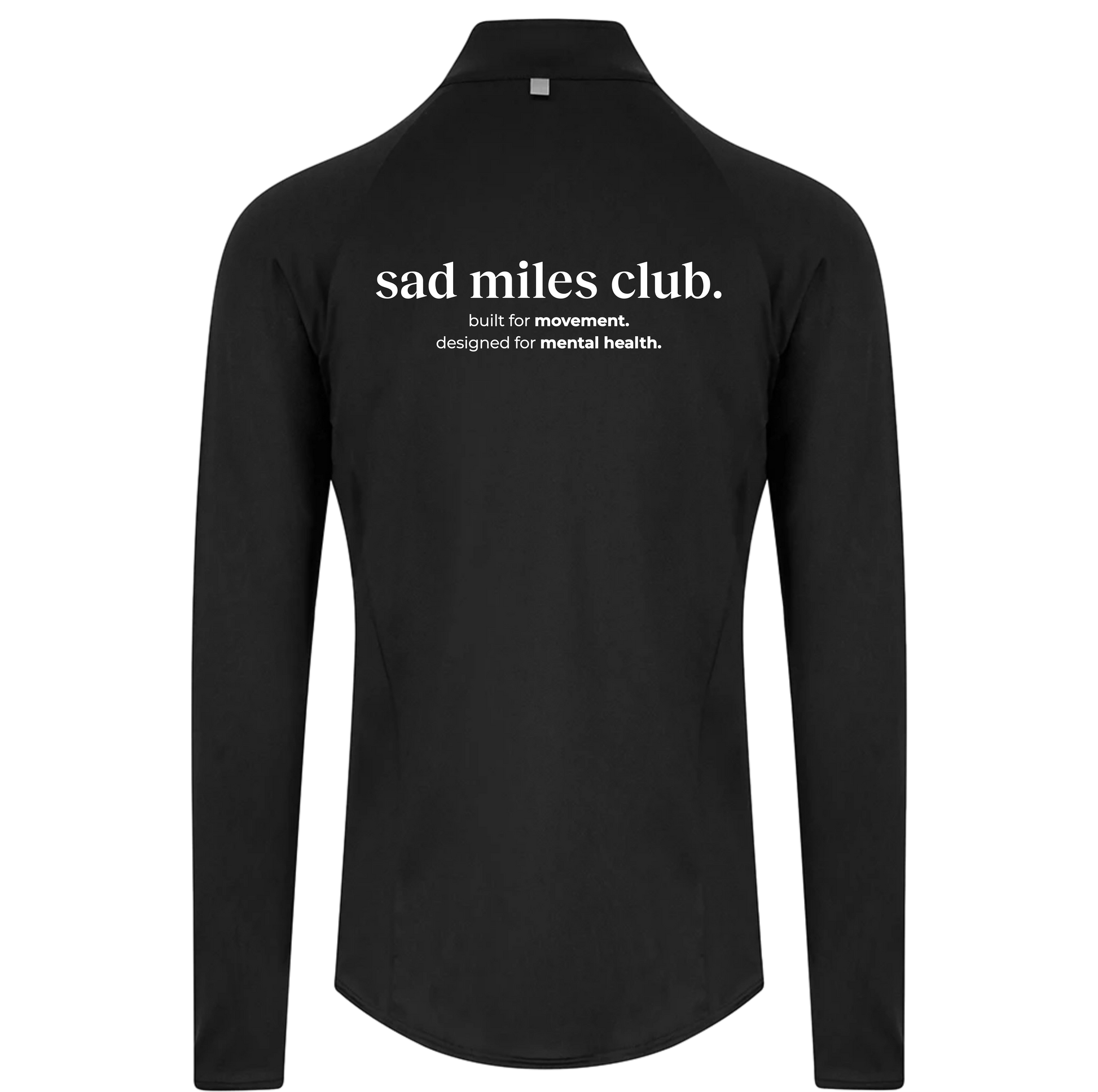 Black long-sleeve shirt with 'sad miles club' text on a white background
