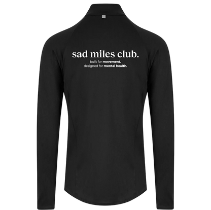 Black long-sleeve shirt with 'sad miles club' text on a white background