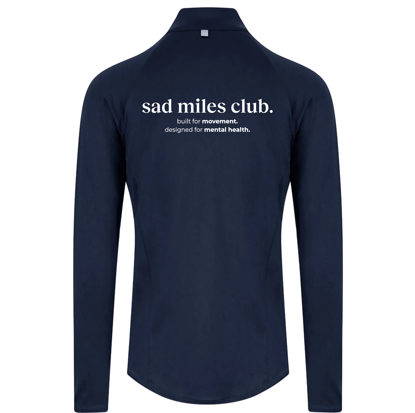 Navy long-sleeve shirt with 'sad miles club' text on a white background