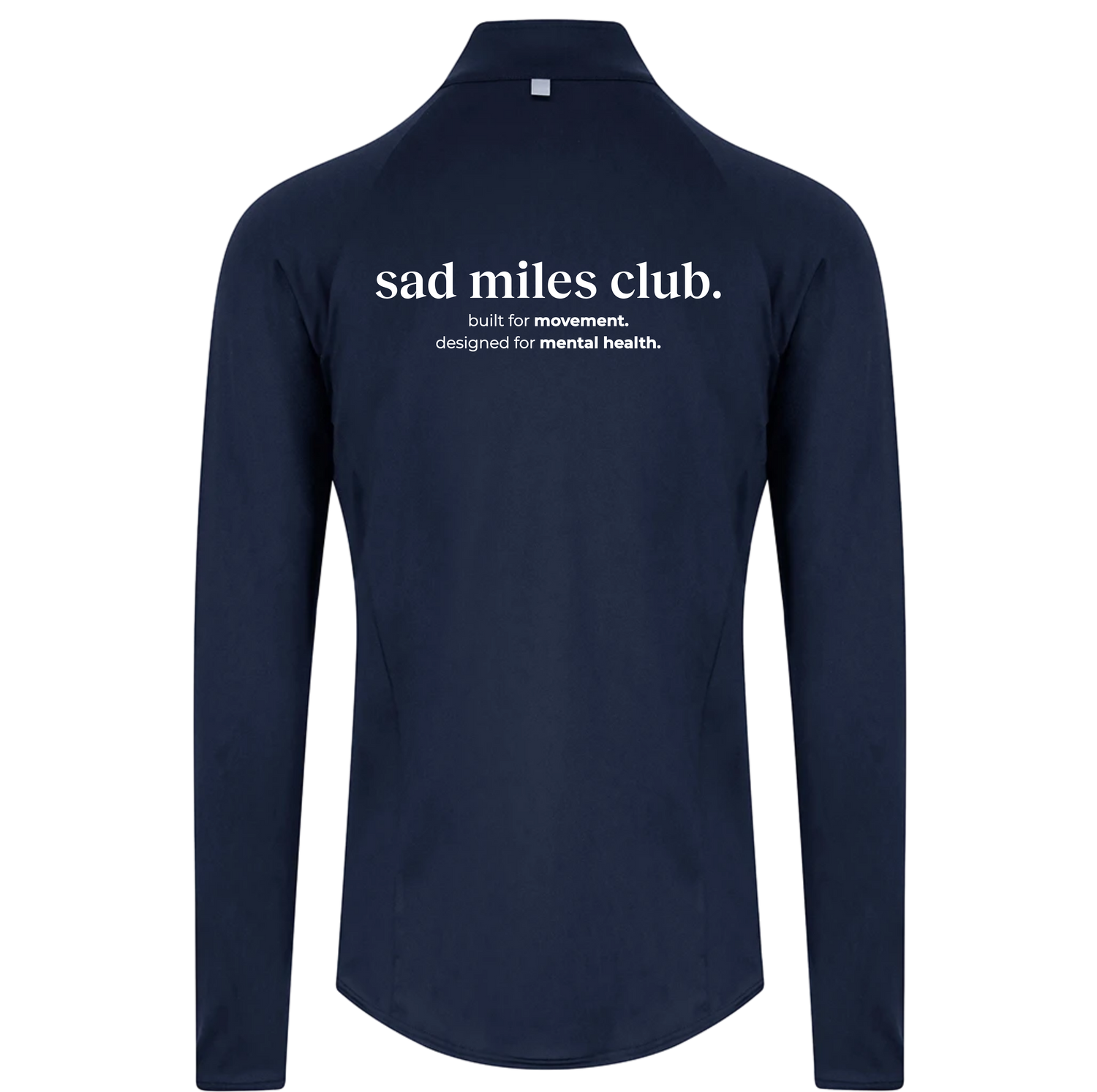 Navy long-sleeve shirt with 'sad miles club' text on a white background