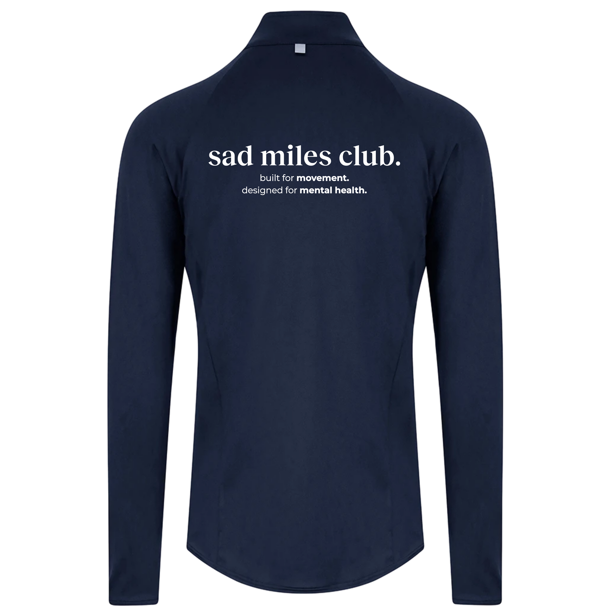 Navy long-sleeve shirt with 'sad miles club' text on a white background