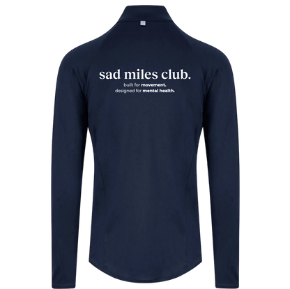 Navy long-sleeve shirt with 'sad miles club' text on a white background