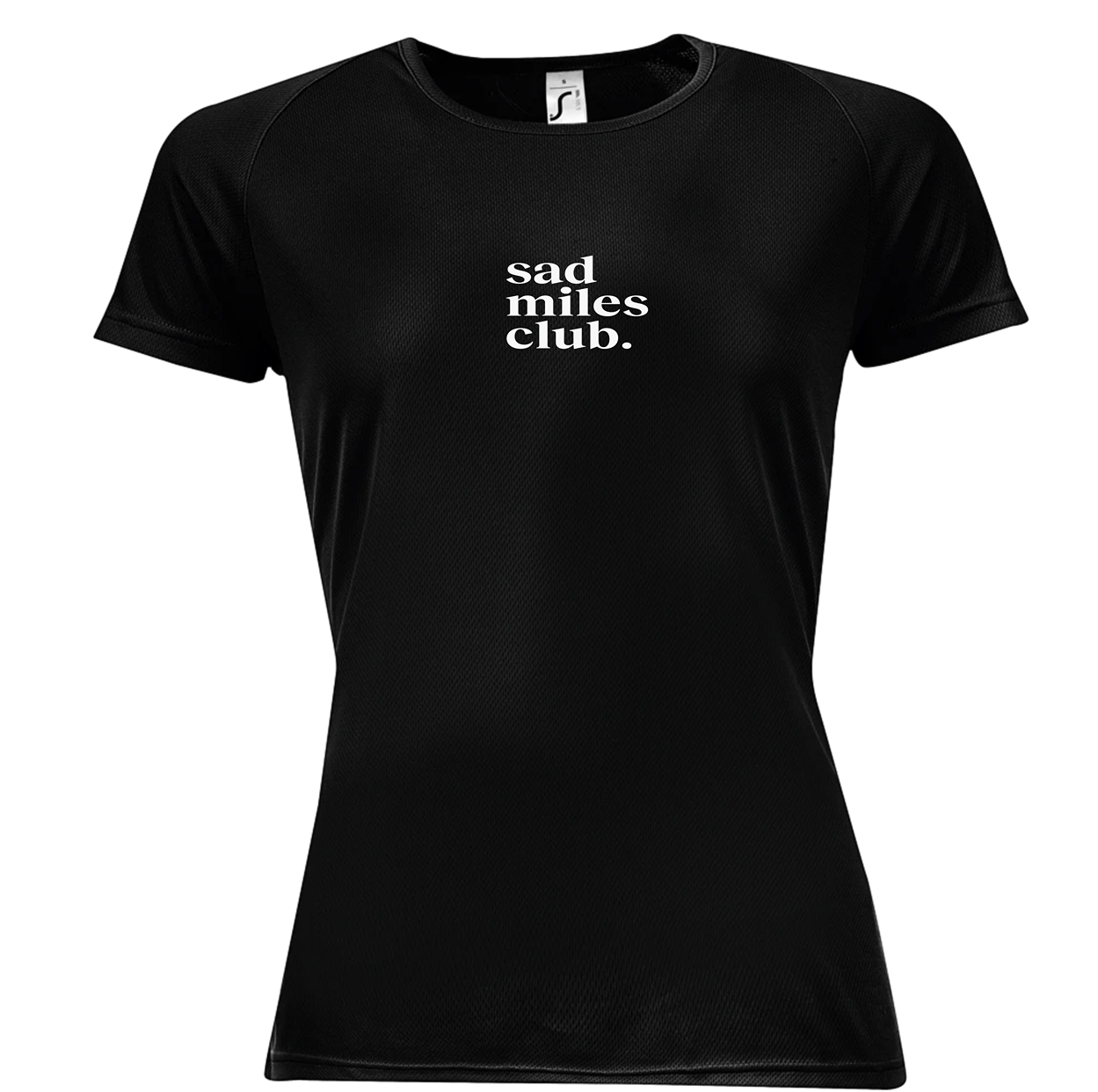 Black t-shirt with 'sad miles club' text on a white background