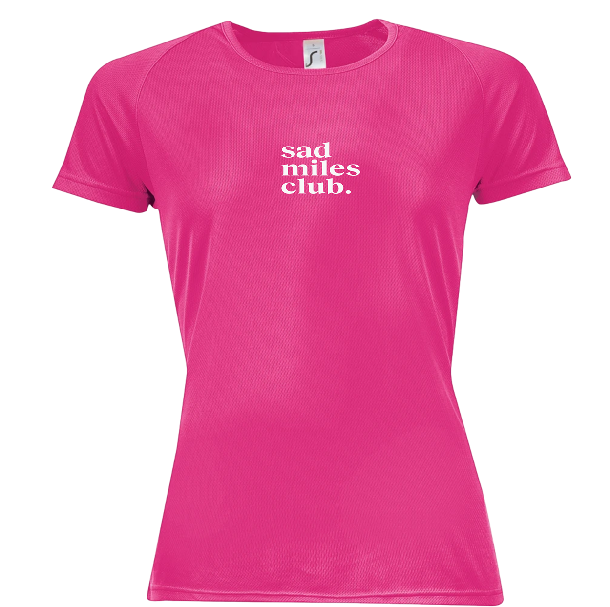 Pink t-shirt with 'sad miles club' text on a white background