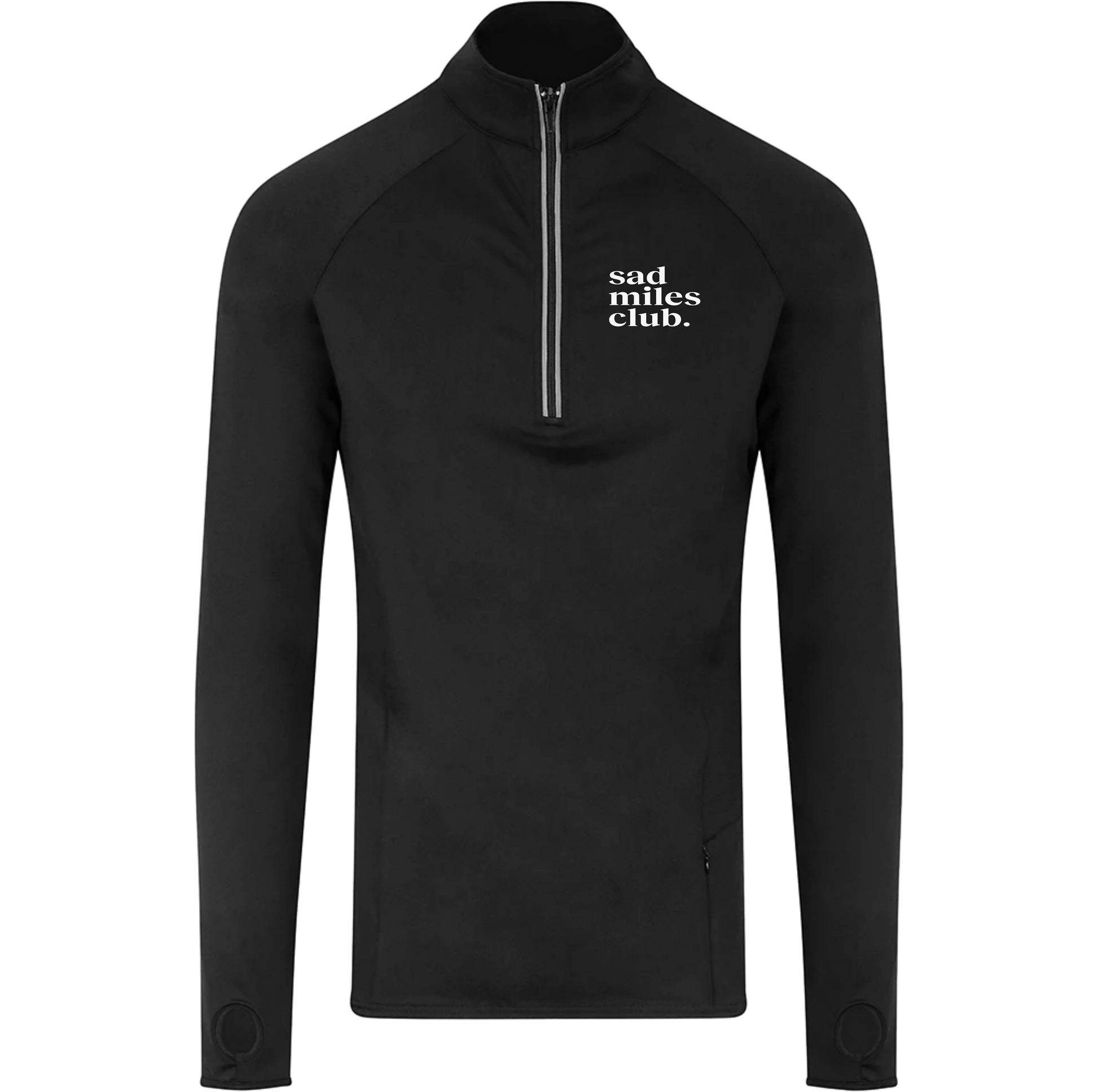 Black long-sleeve athletic jacket with 'sad miles club' text on a white background