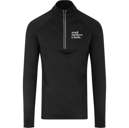 Black long-sleeve athletic jacket with 'sad miles club' text on a white background