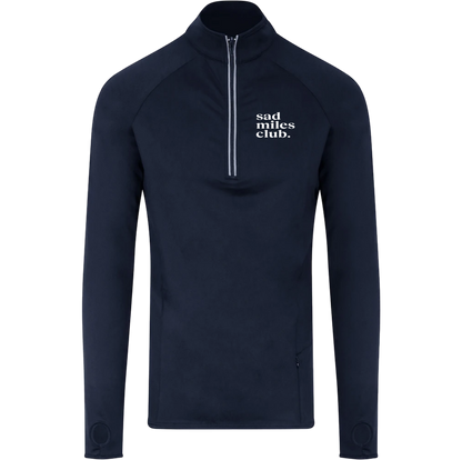 Navy long-sleeve athletic top with 'sad miles club' text on a white background