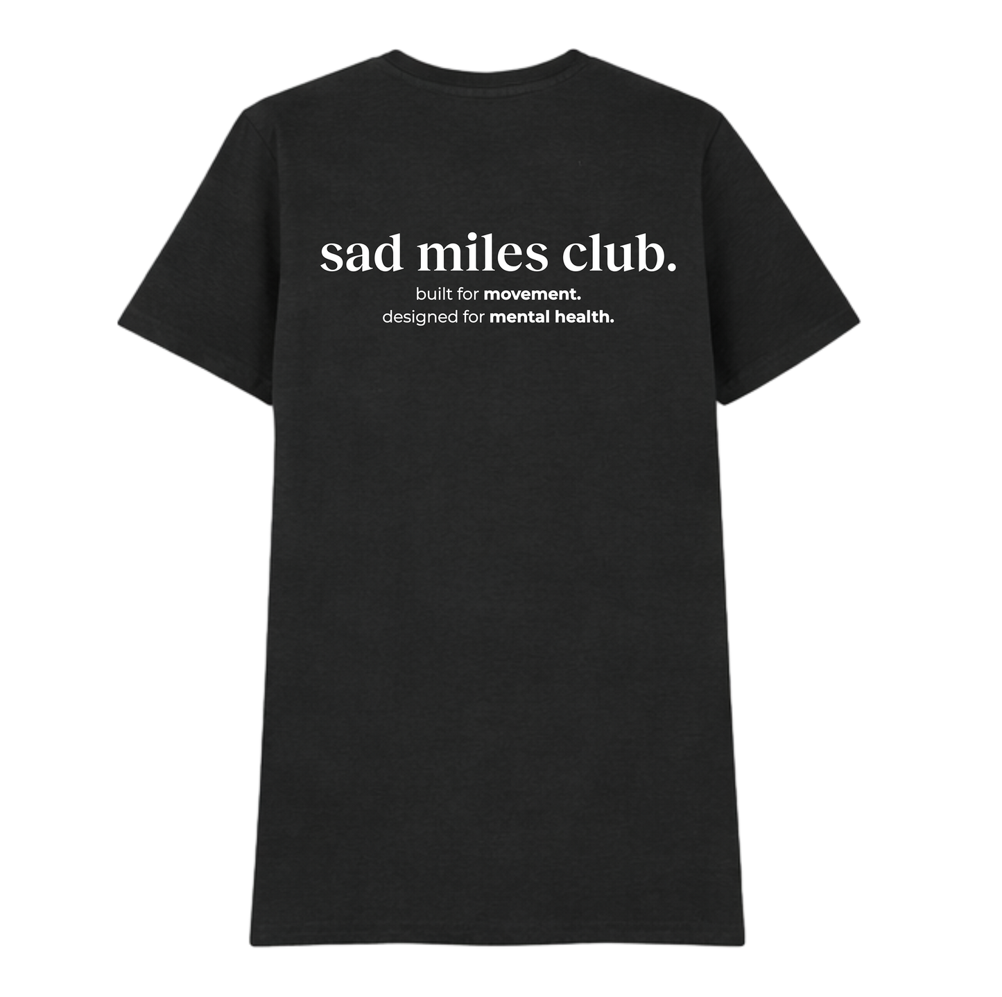Black t-shirt with 'sad miles club' text on a white background