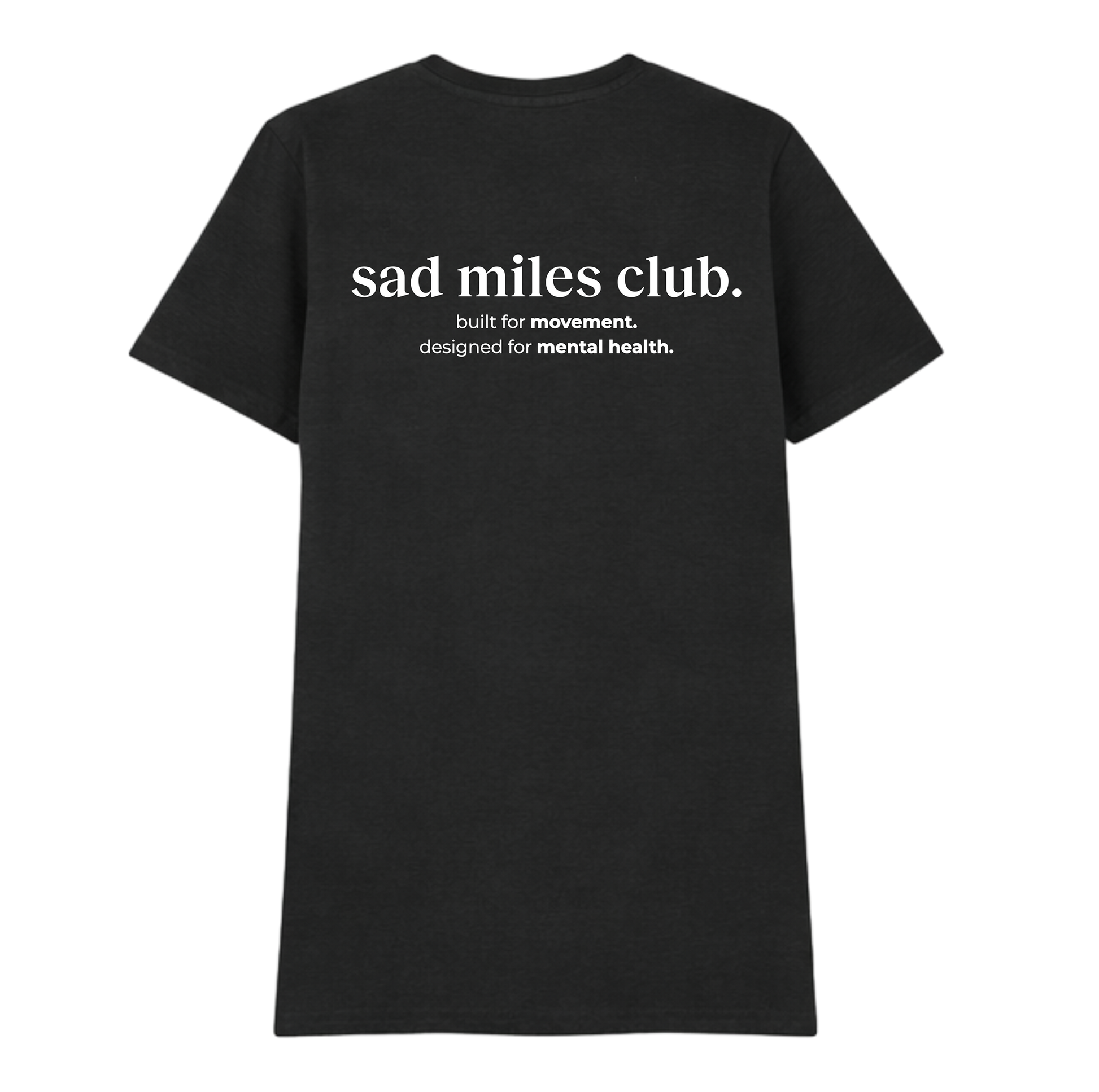 Black t-shirt with 'sad miles club' text on a white background