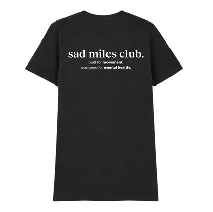 Black t-shirt with 'sad miles club' text on a white background