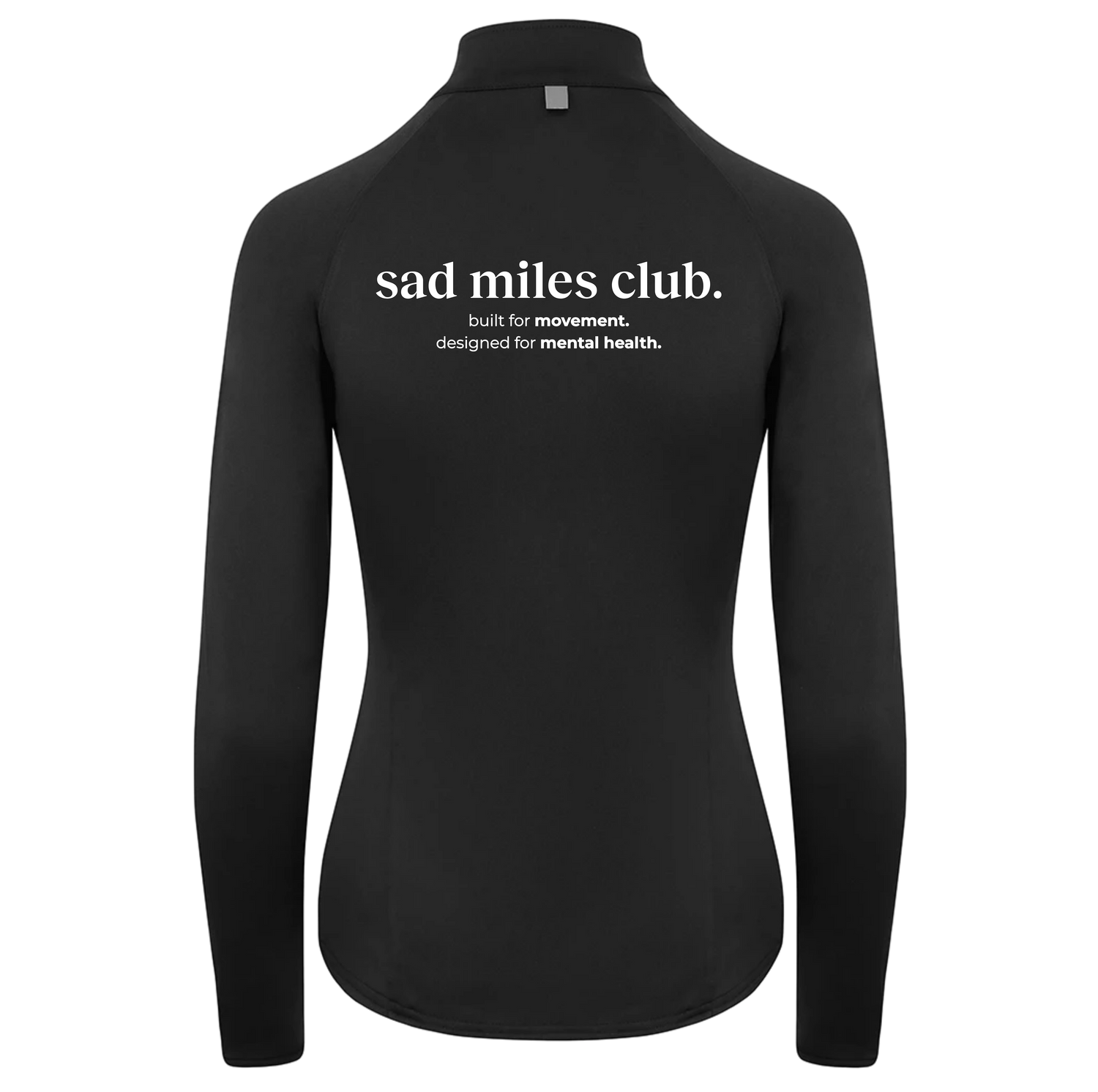 Black long-sleeve shirt with 'sad miles club' text on a white background