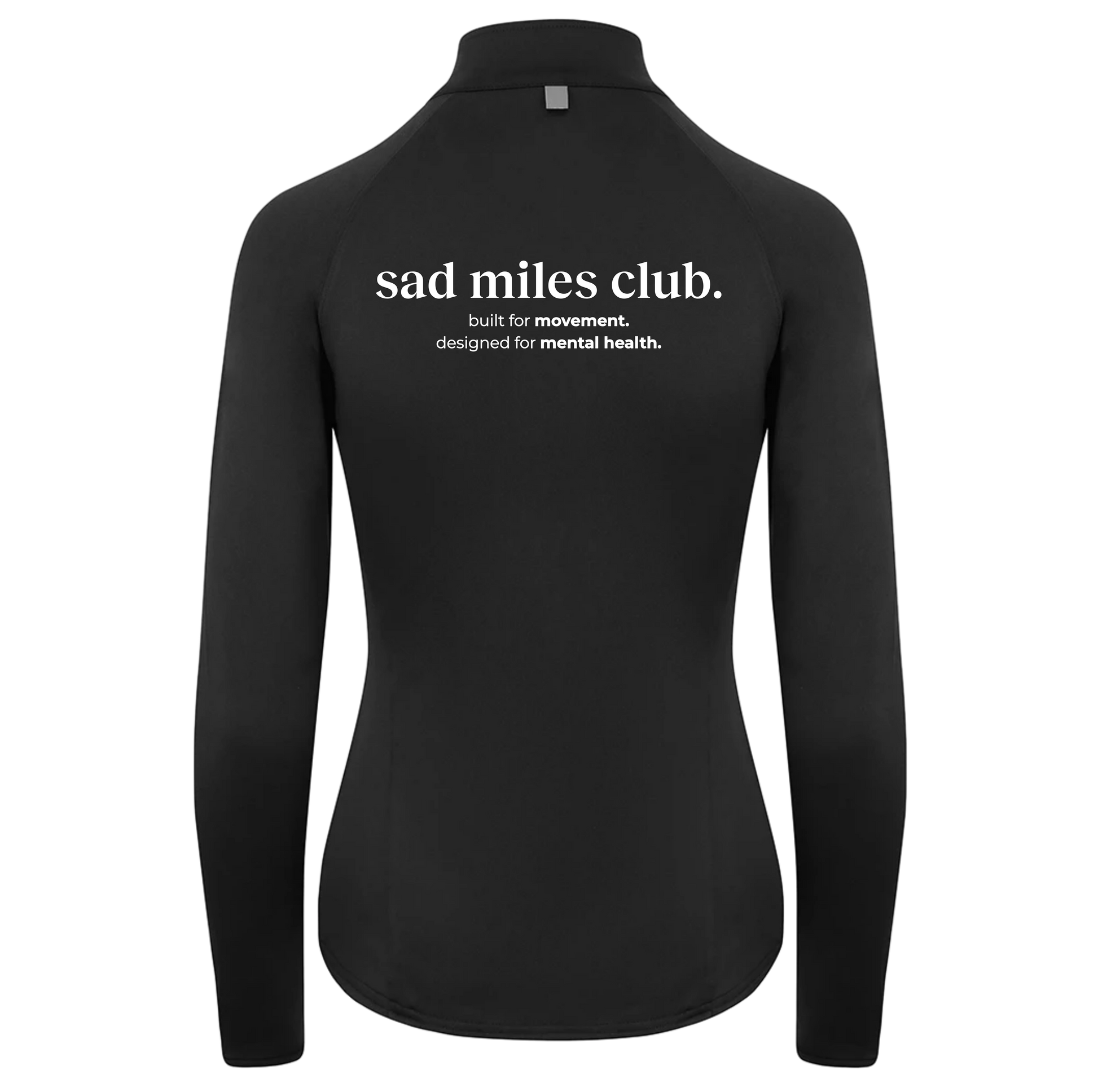 Black long-sleeve shirt with 'sad miles club' text on a white background