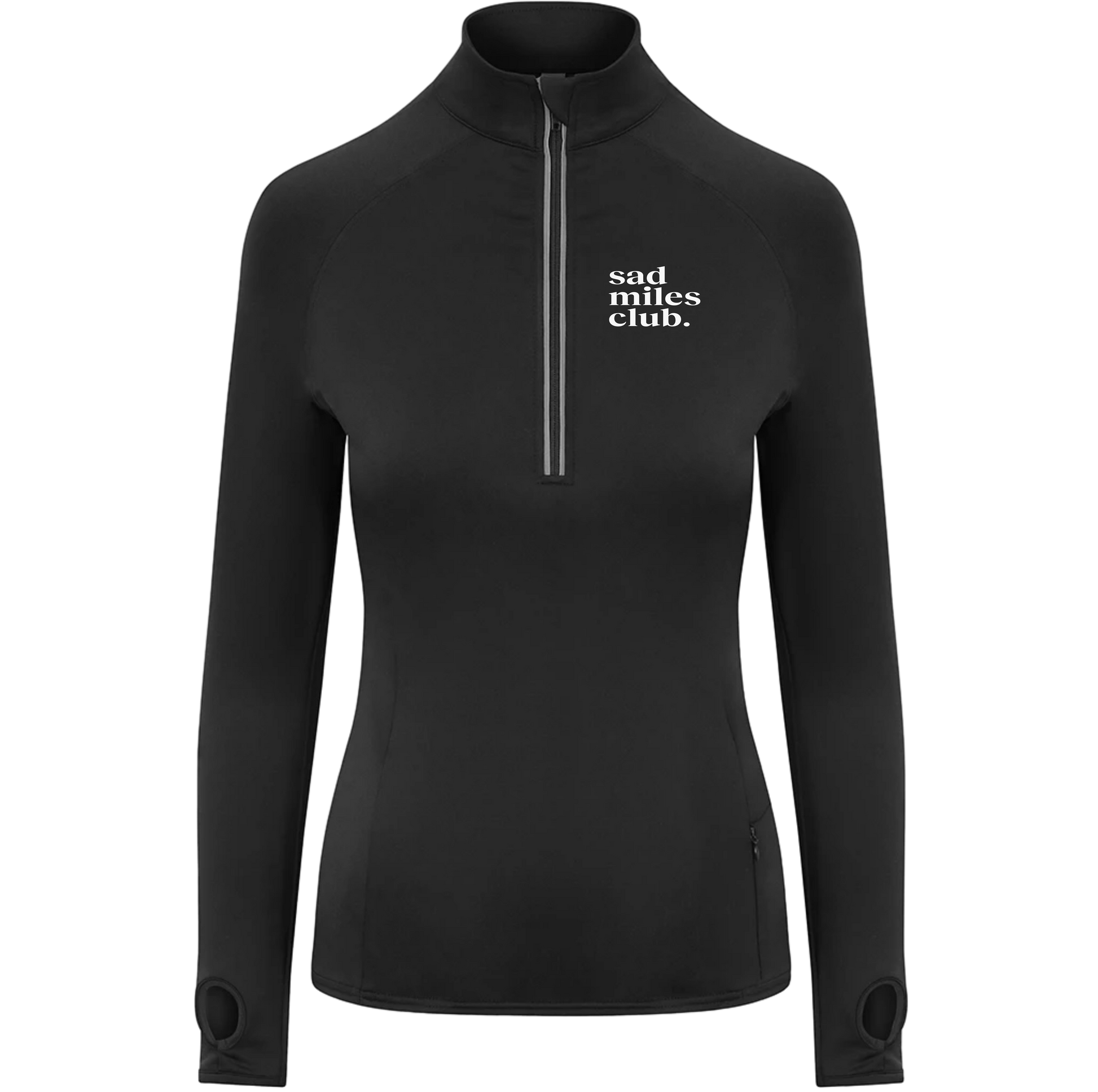 Black long-sleeve shirt with 'sad miles club.' text on a white background