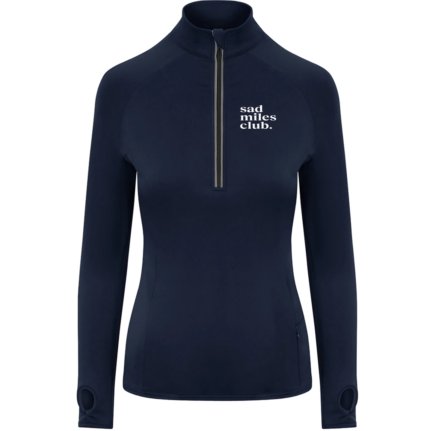 Navy long-sleeve shirt with 'sad miles club' text on a white background