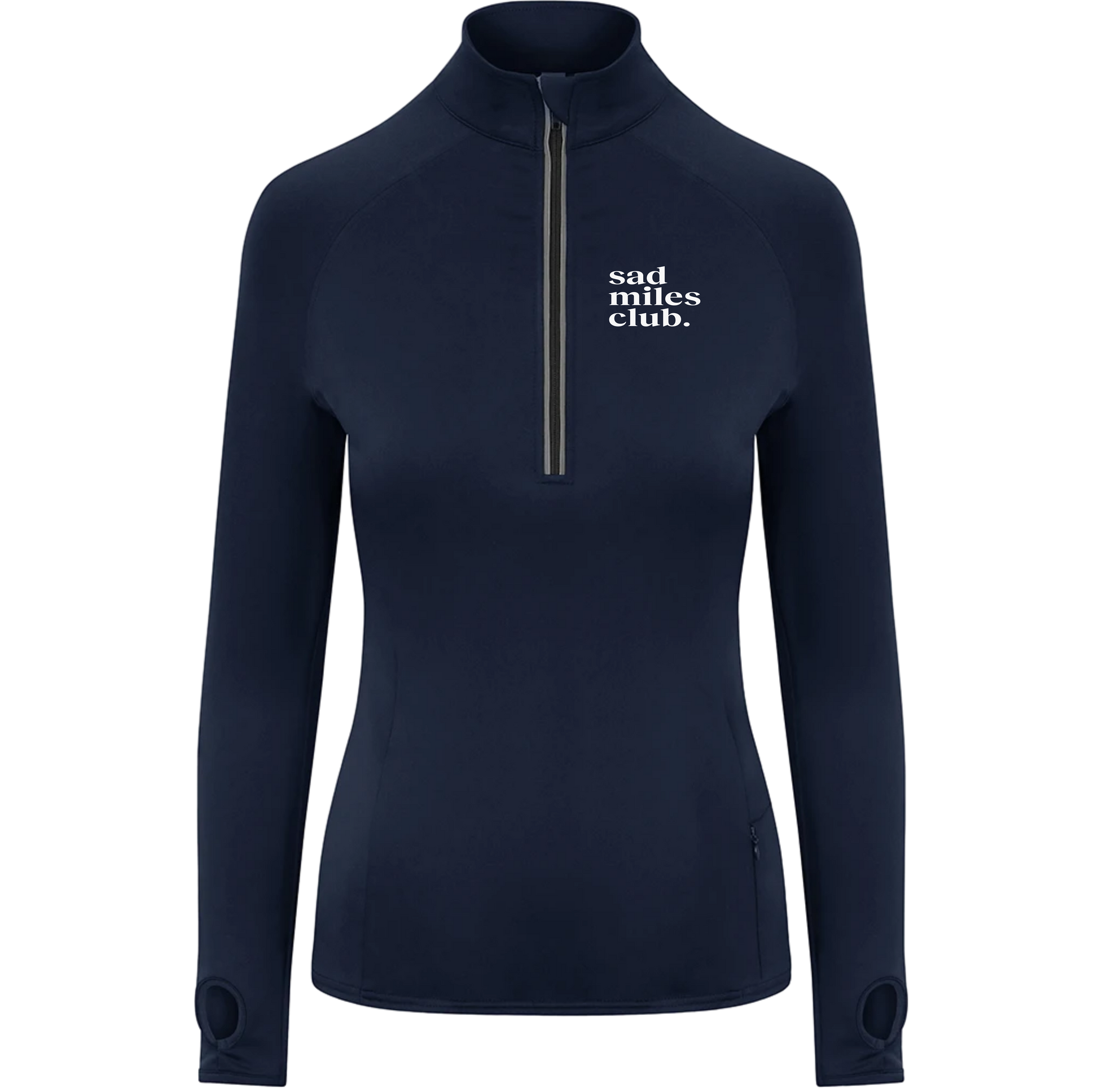 Navy long-sleeve shirt with 'sad miles club' text on a white background