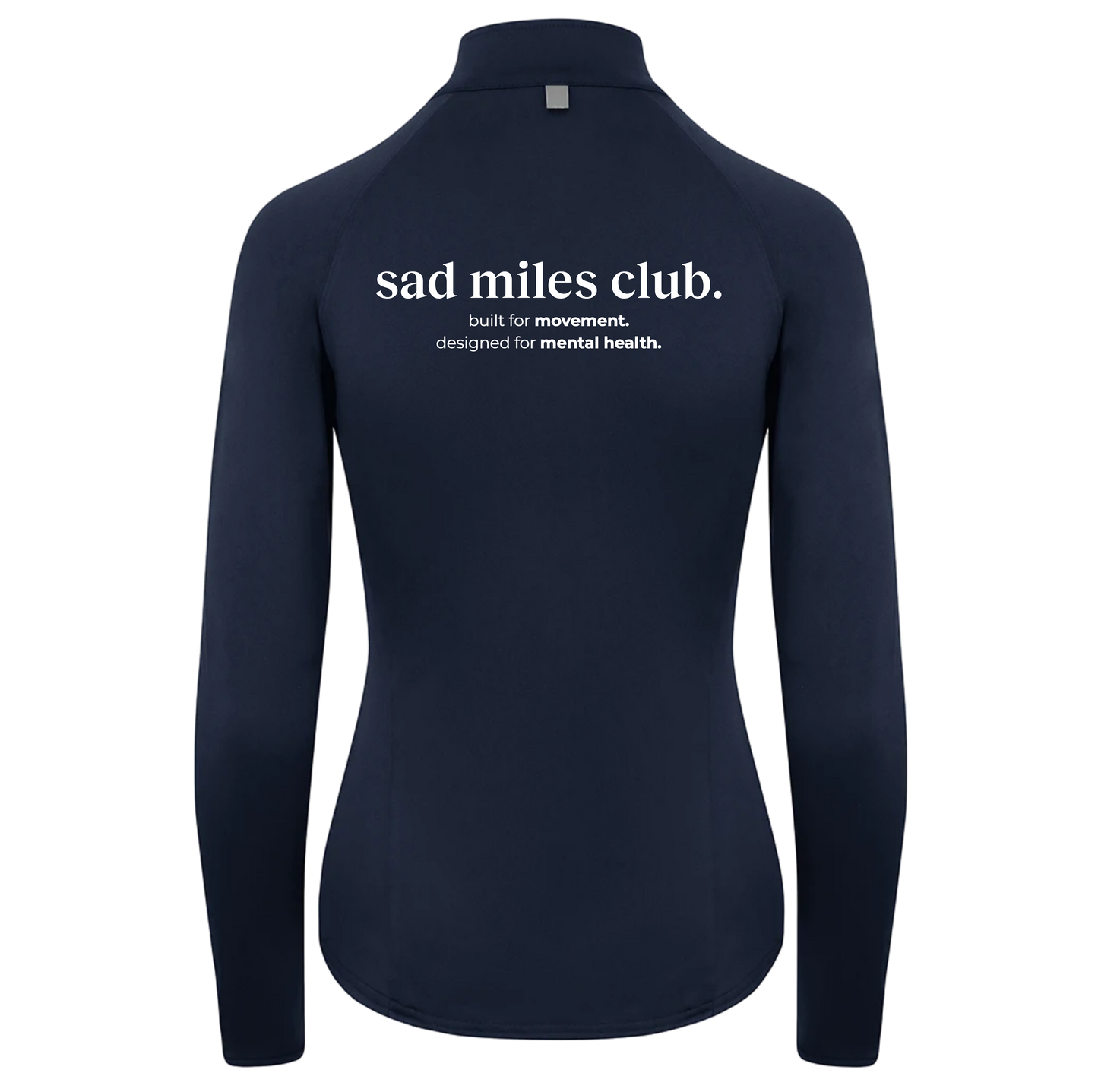 Navy long-sleeve shirt with 'sad miles club' text on a white background