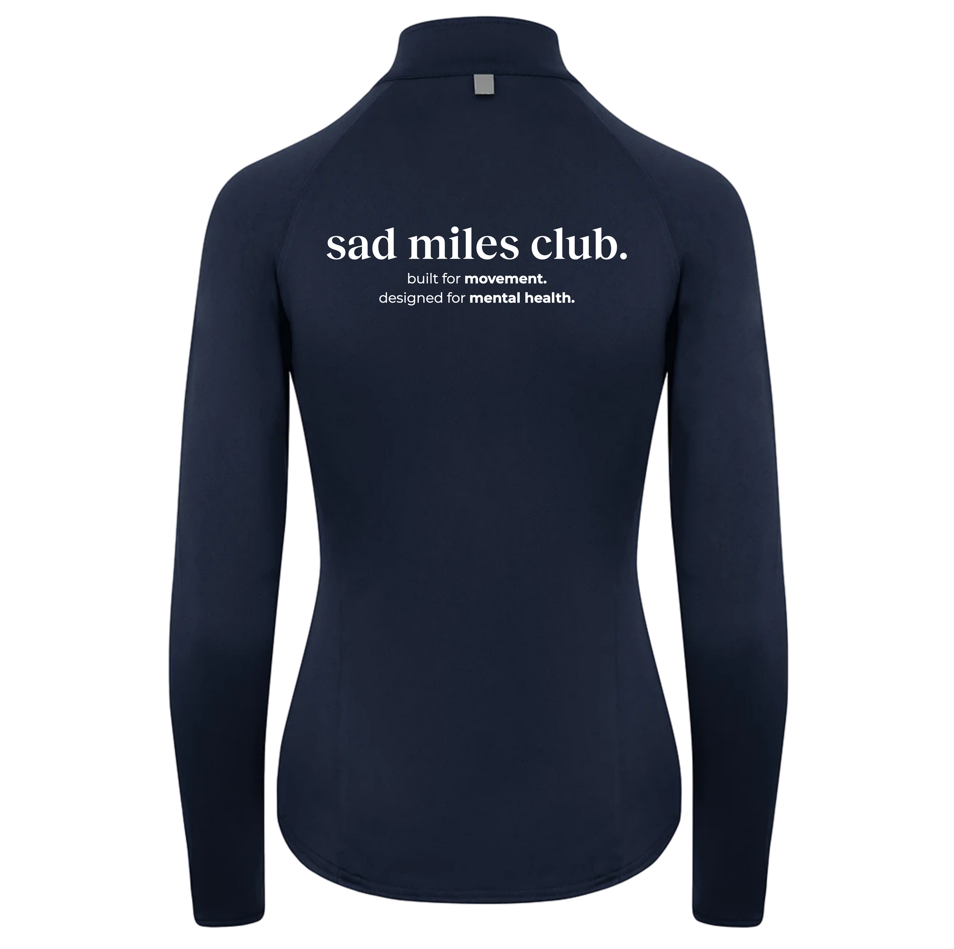 Navy long-sleeve shirt with 'sad miles club' text on a white background