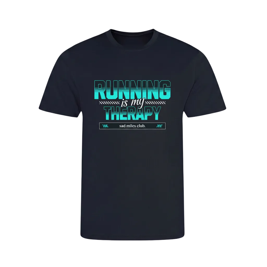 Navy t-shirt with 'Running is my Therapy' text on a white background