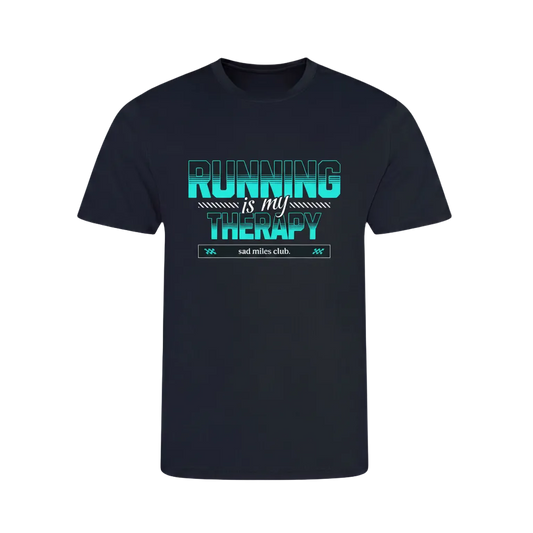 Navy t-shirt with 'Running is my Therapy' text on a white background