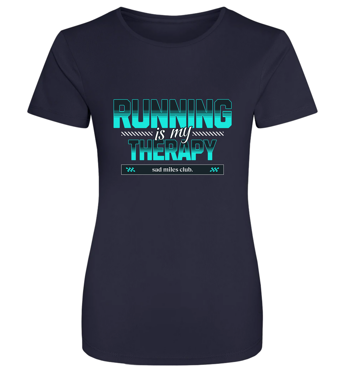 Navy blue t-shirt with 'Running is my Therapy' text on a white background