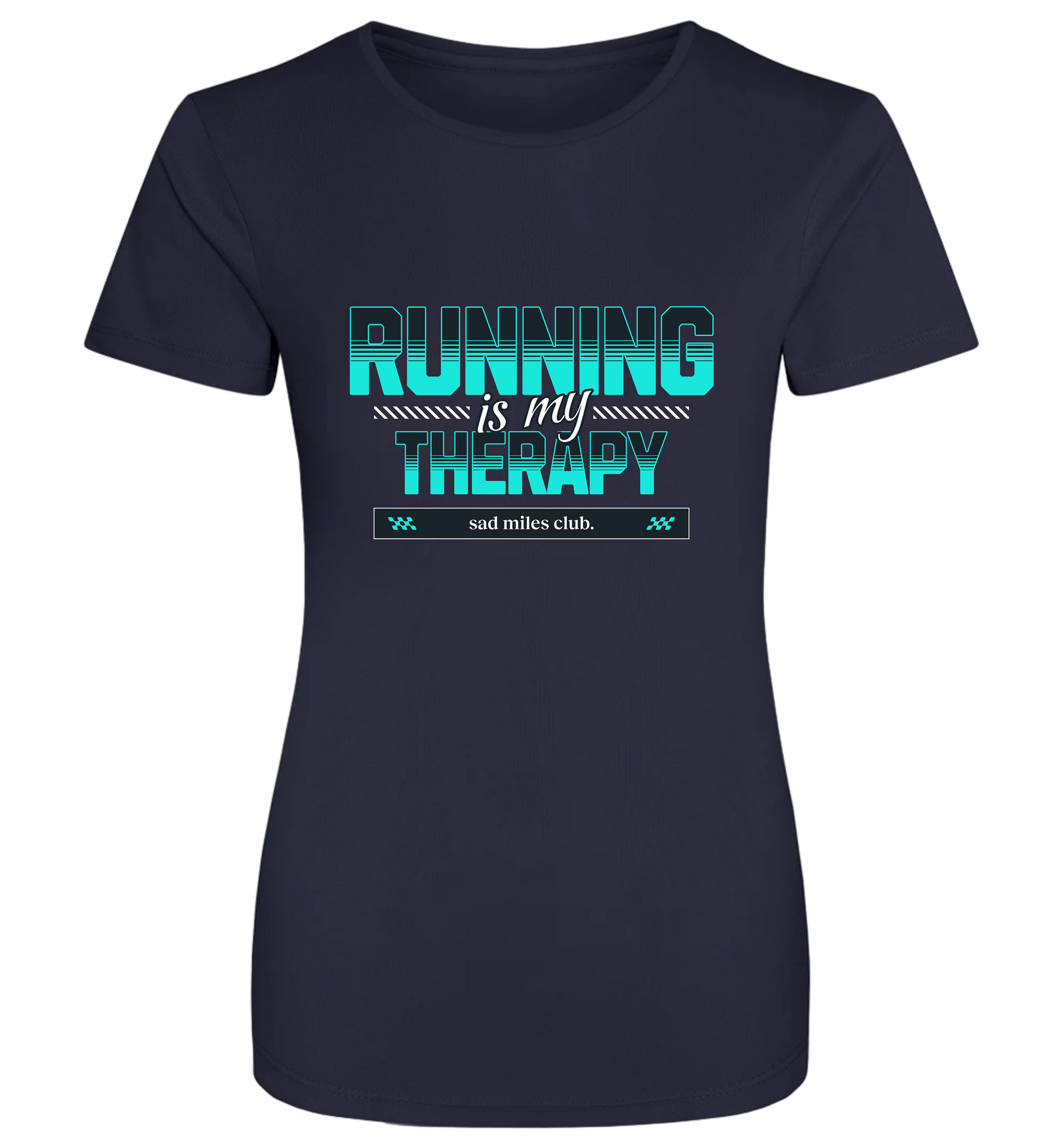 Navy blue t-shirt with 'Running is my Therapy' text on a white background