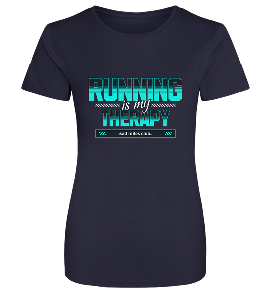 Navy blue t-shirt with 'Running is my Therapy' text on a white background