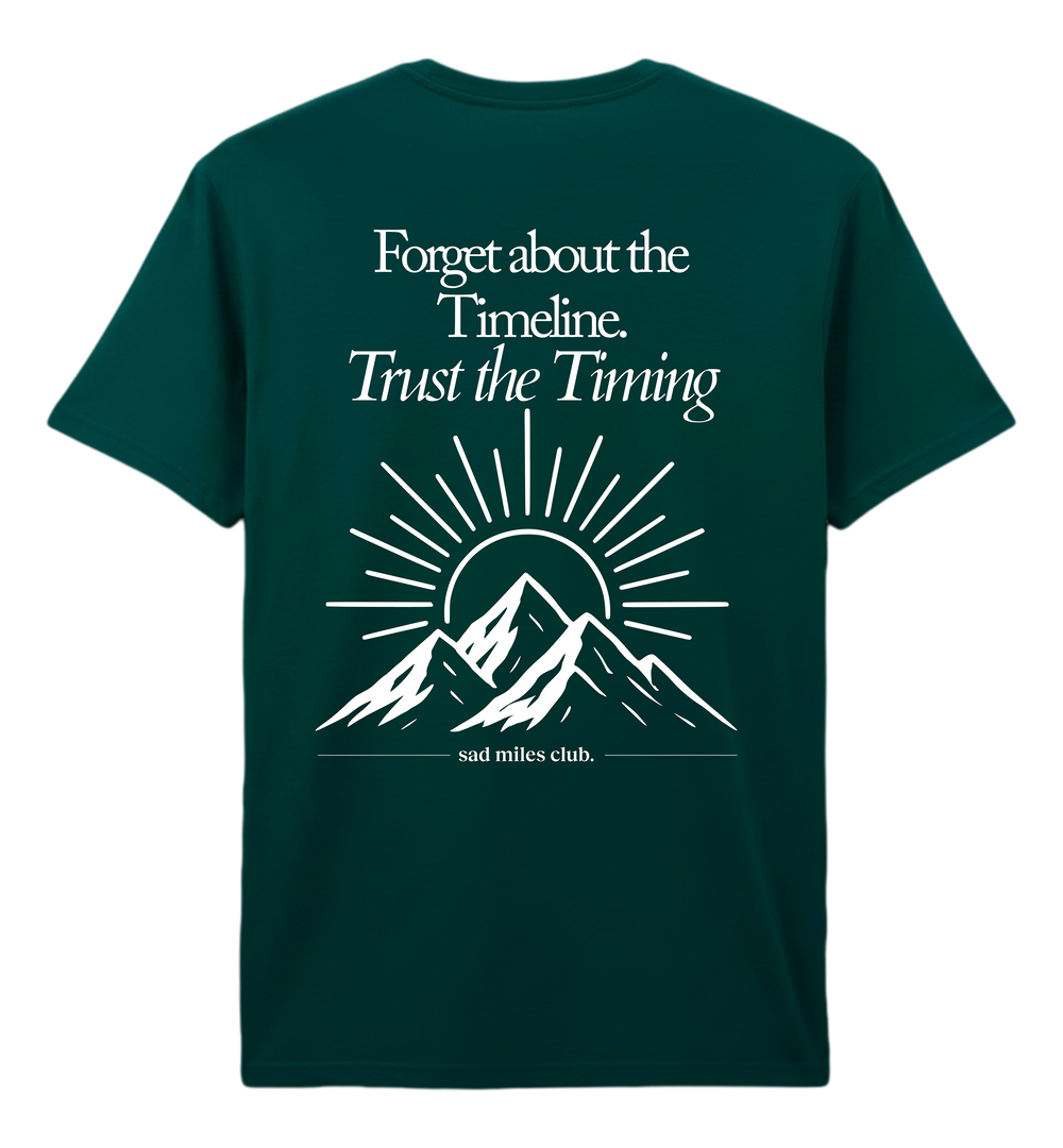 Green t-shirt with motivational quote and mountain design on a white background