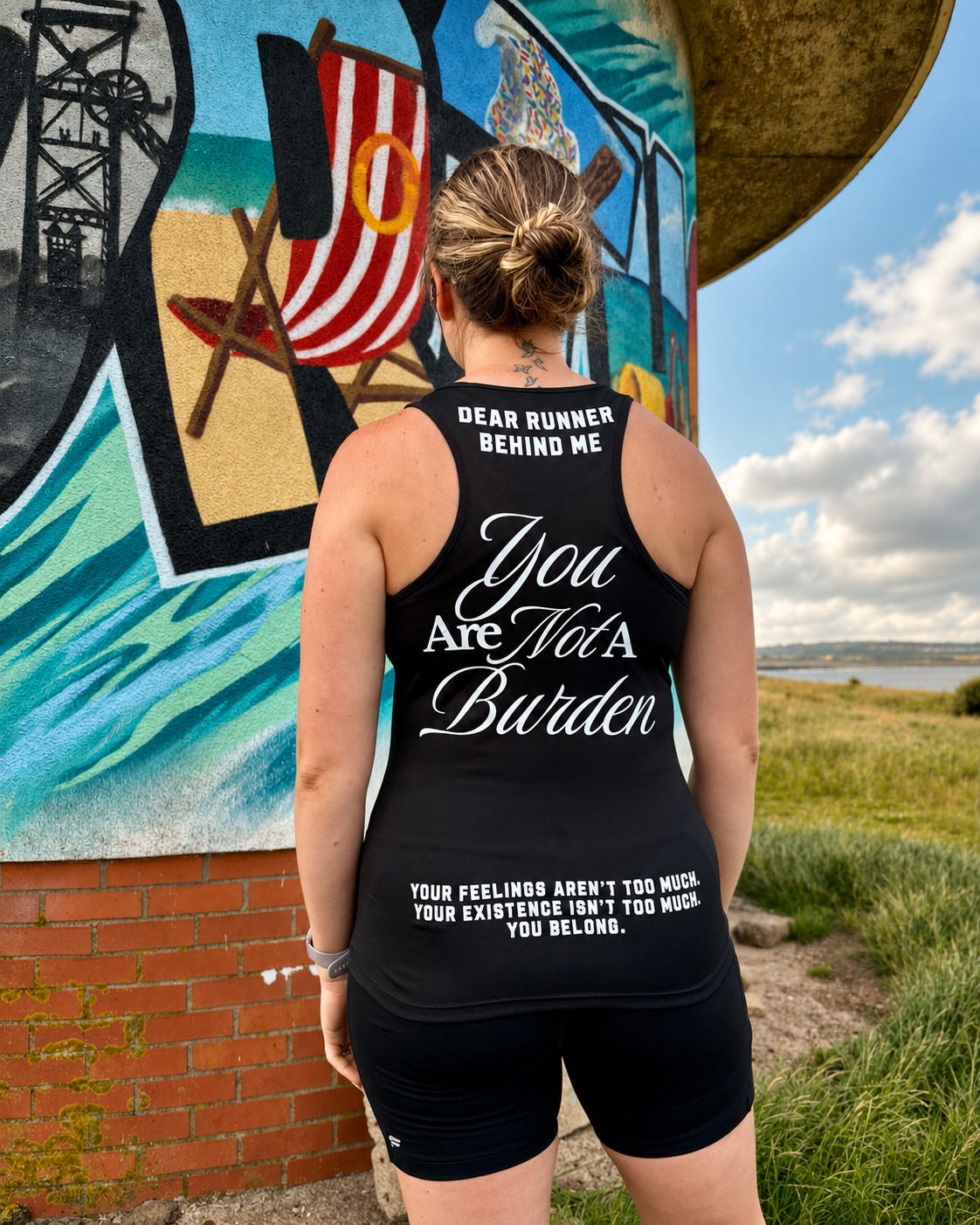 A woman viewed from behind wearing a black racerback tank top and black shorts, standing outdoors in front of a colorful mural. The back of the tank top features white text that reads 'DEAR RUNNER BEHIND ME You Are Not A Burden' and additional supportive text below.