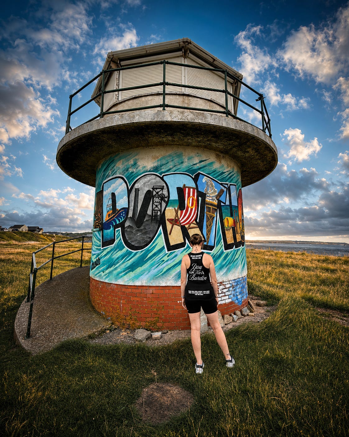 A woman stands in front of a cylindrical lighthouse painted with colorful graffiti, set in an open grassy field under a dramatic blue sky with clouds.