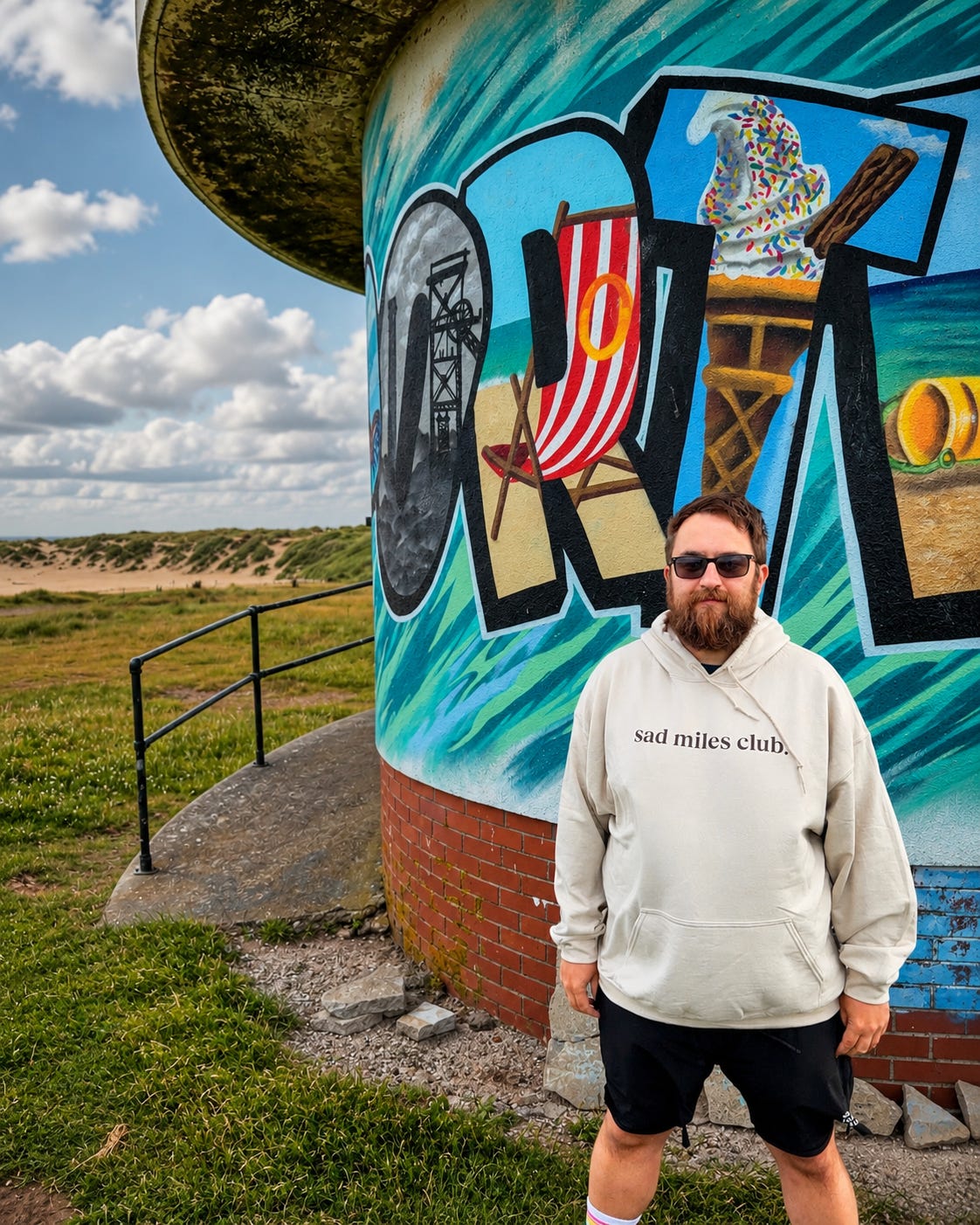 A man with a beard and sunglasses wearing a light beige hoodie with 'sad miles club.
