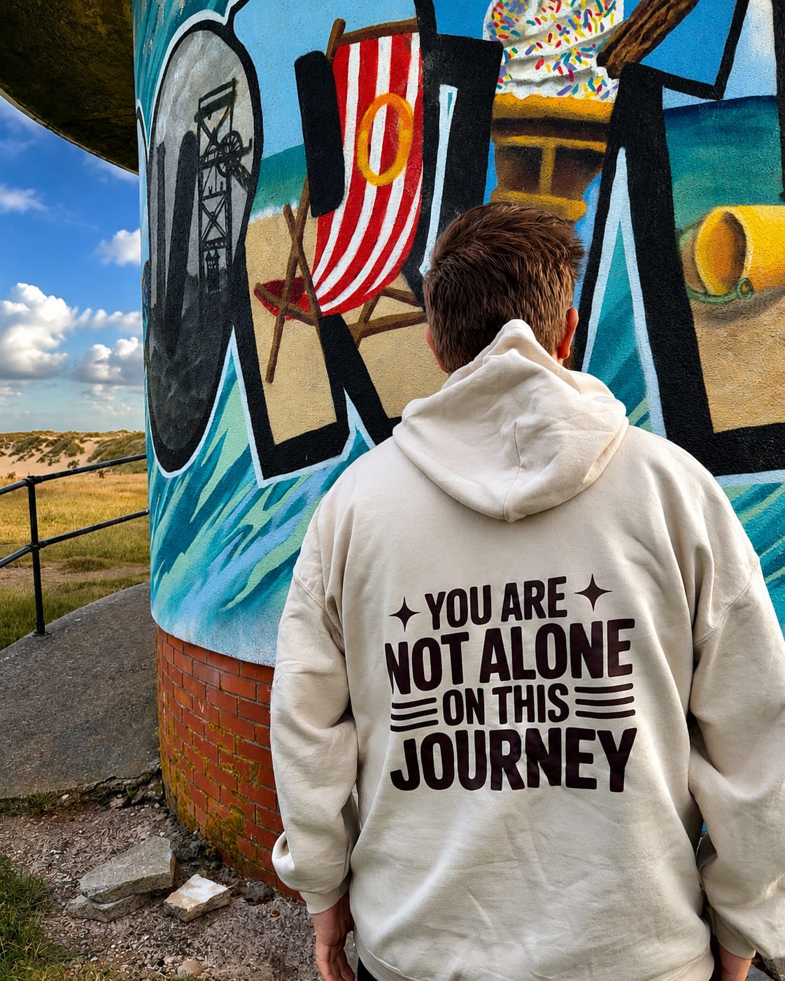 A person viewed from behind wearing a light beige hoodie with the black printed text 'YOU ARE NOT ALONE ON THIS JOURNEY' on the back, standing in front of a colorful painted pillar outdoors.