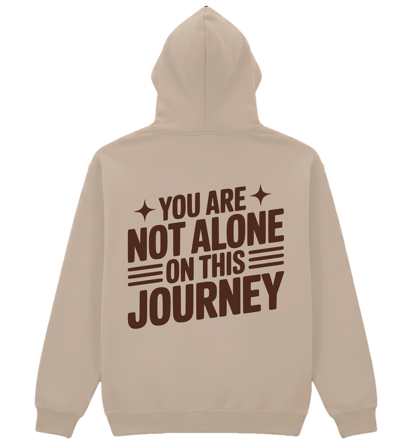Beige hoodie with motivational text on the back on a white background