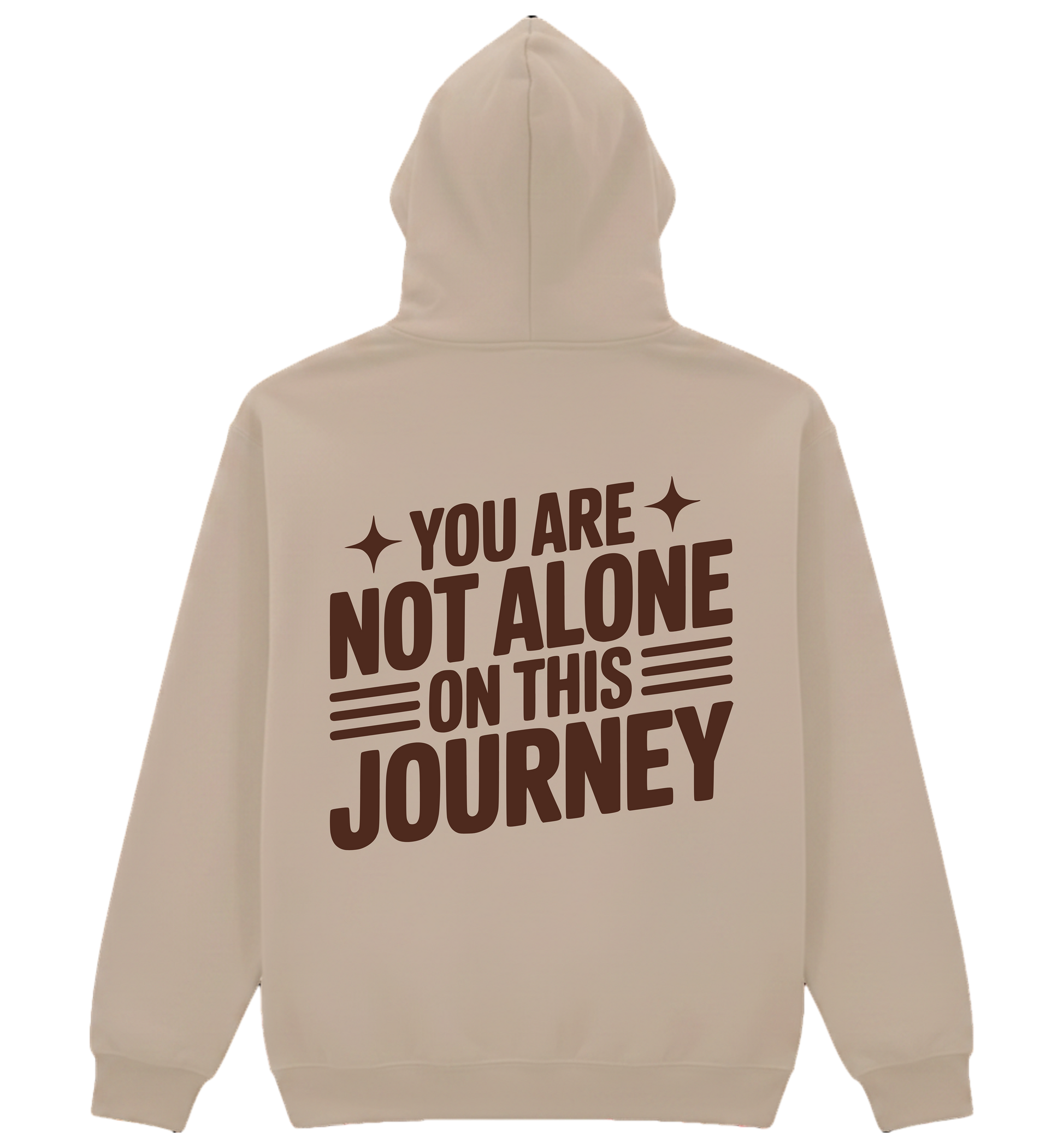 Beige hoodie with motivational text on the back on a white background