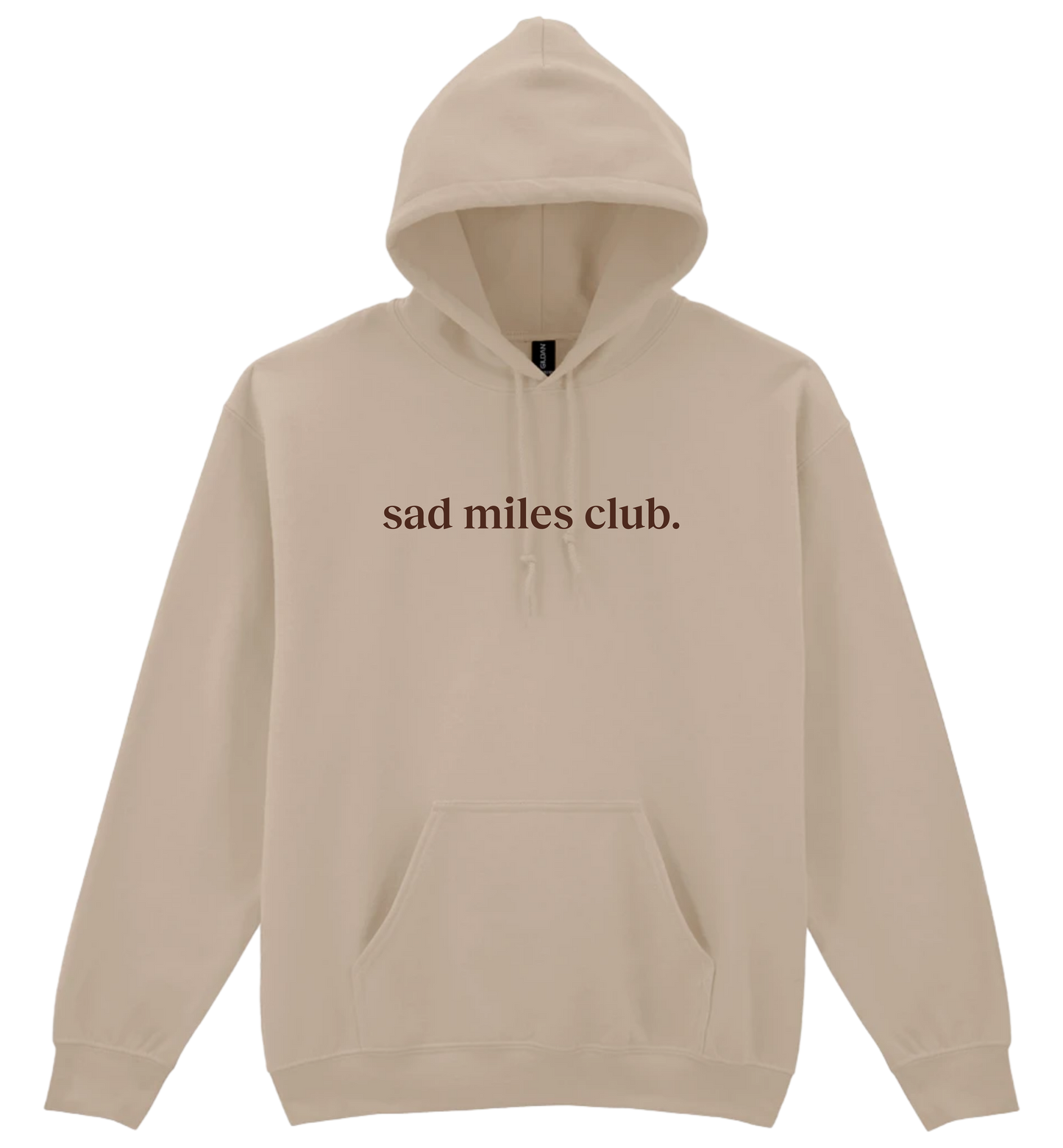 Beige hoodie with 'sad miles club' text on a white background