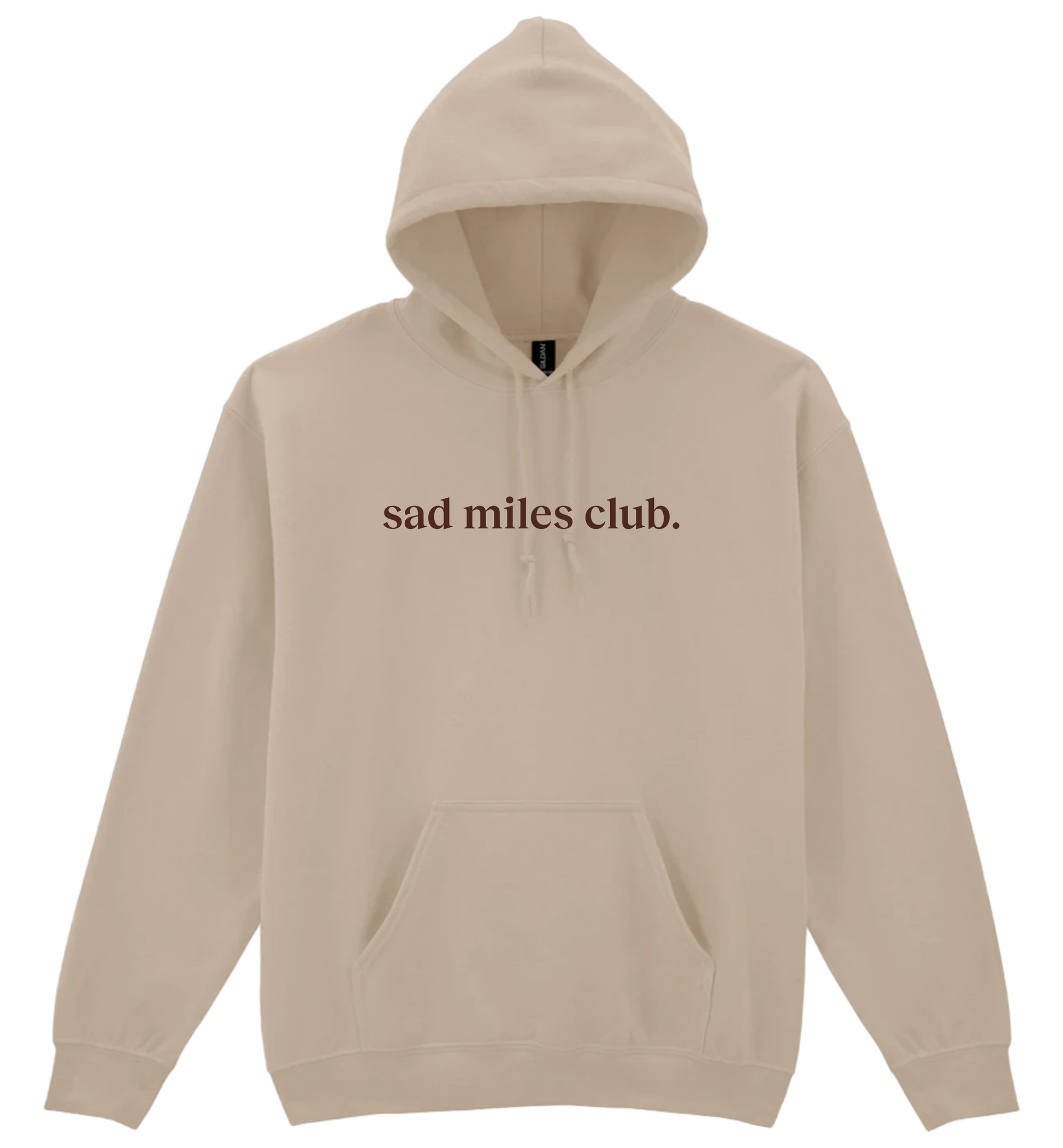 Beige hoodie with 'sad miles club' text on a white background