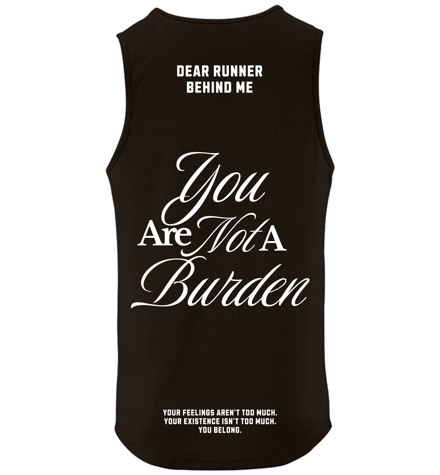 Black tank top with white text on a white background